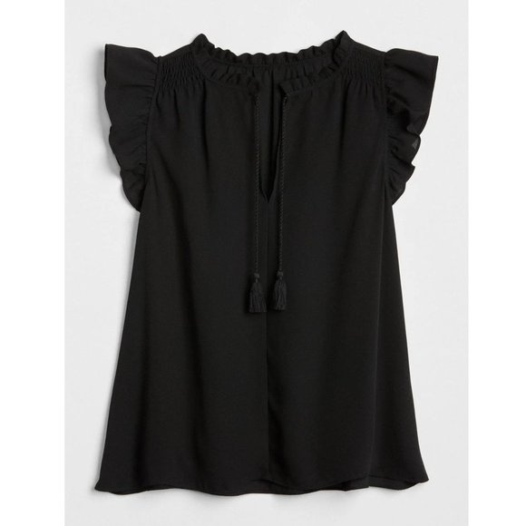 2/$40 GAP XL Black ruffle sleeve split-neck blouse top - Picture 2 of 11